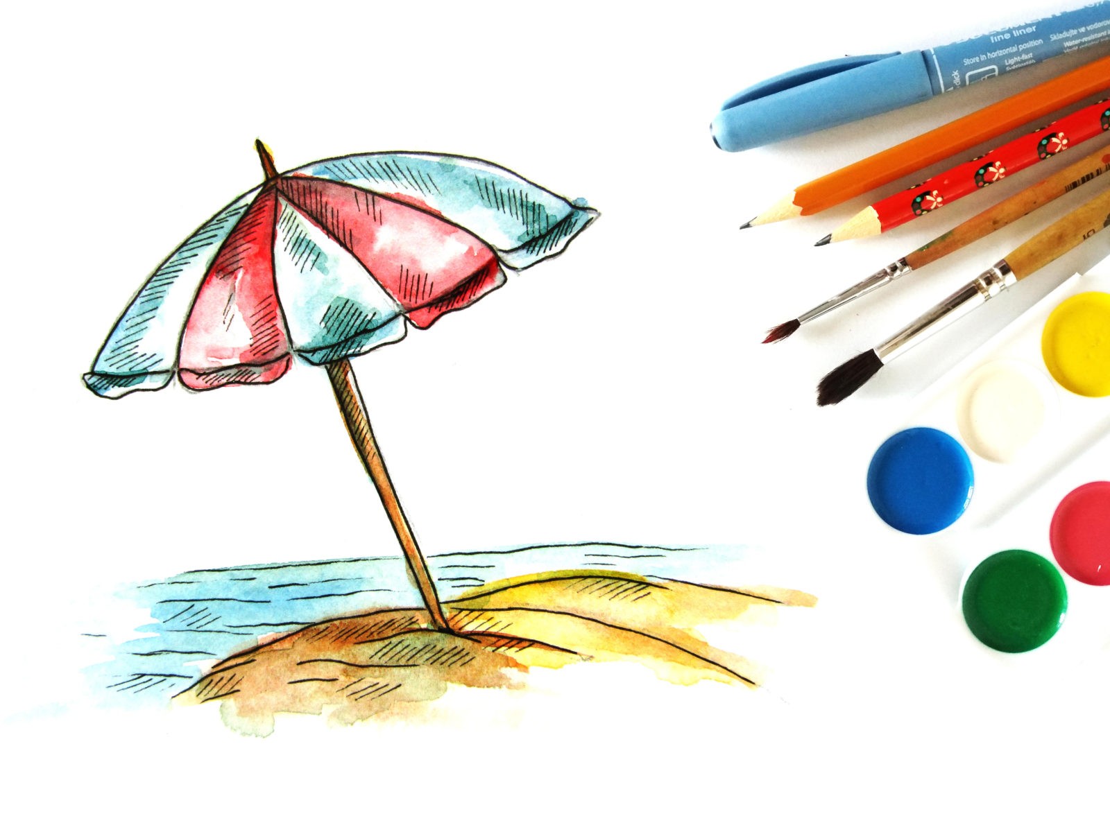 Пляжный зонт акварелью - 1